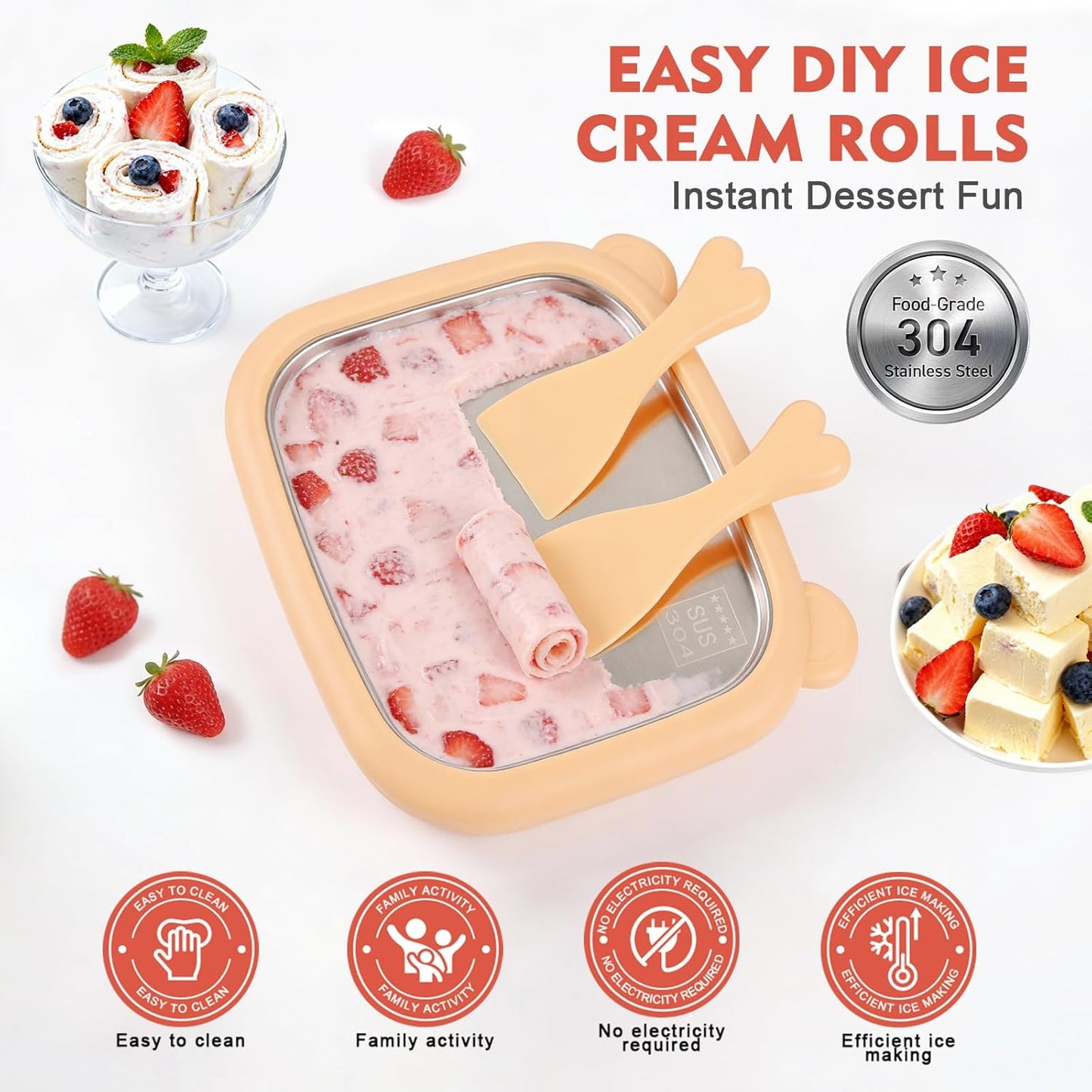 Rolled Ice Cream Maker Kit | at Home Rolled Ice Cream Tray with Lid & 2 Scrapers | DIY Ice Cream Roller Maker | Family-Bond Fun | Food-Grade Materials