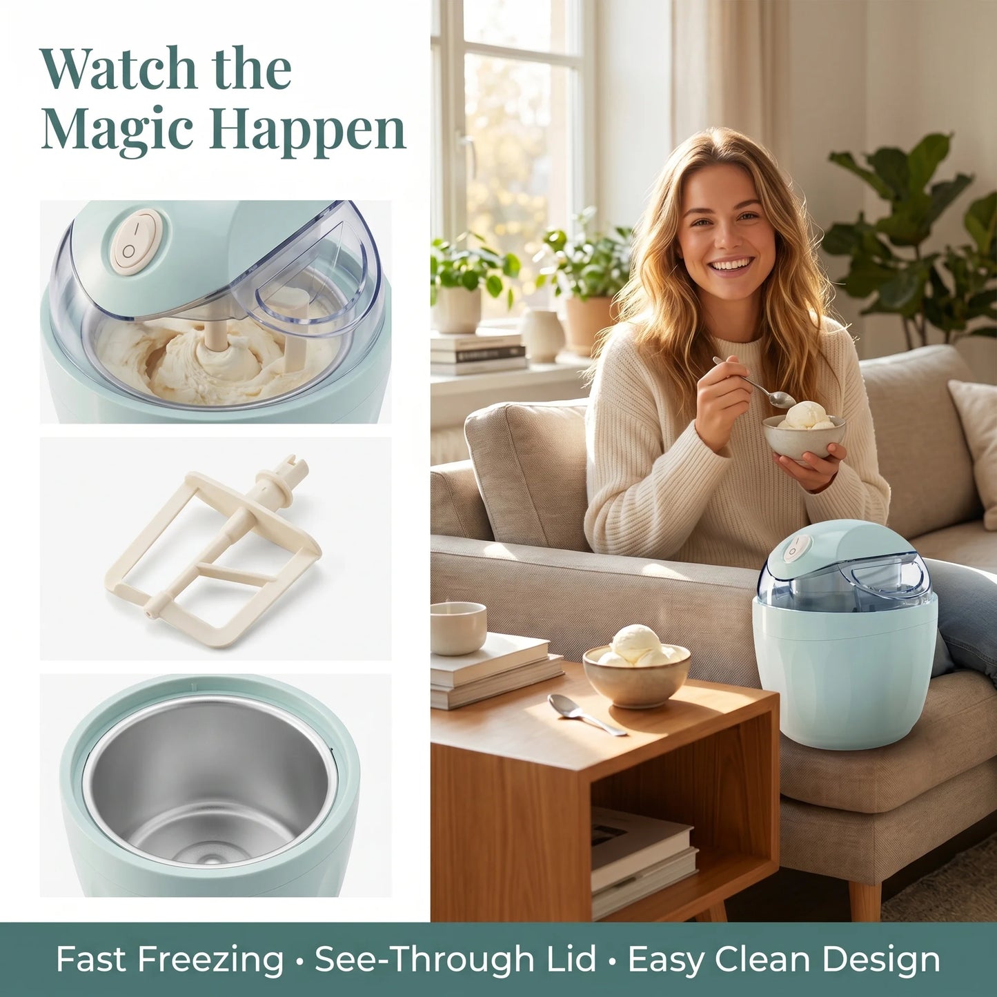 Small Home Mini Ice Cream Maker, Just 15 Minutes, DIY Mini Ice Cream Maker, One-Touch Dessert Maker, Single Serving of Gelato, Frozen Yogurt, Compact Electric Makers for Kitchen, Family Treats