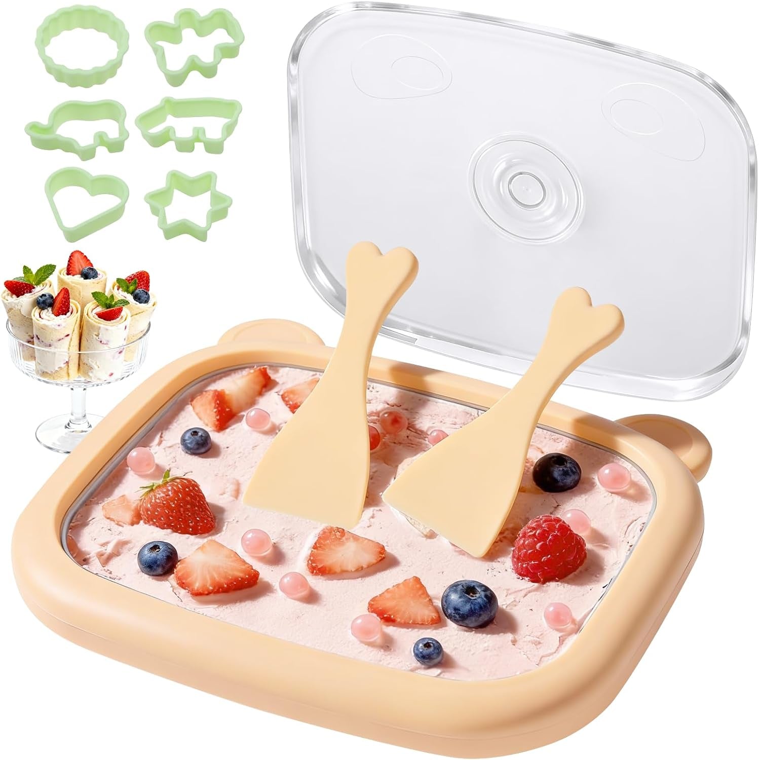 Rolled Ice Cream Maker Kit | at Home Rolled Ice Cream Tray with Lid & 2 Scrapers | DIY Ice Cream Roller Maker | Family-Bond Fun | Food-Grade Materials